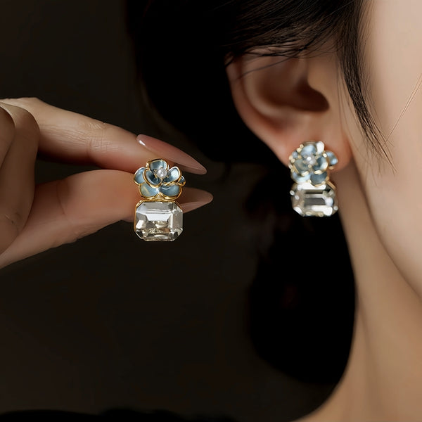 14K Gold-Plated Elegant Zircon Diamond Camellia Flower Earrings