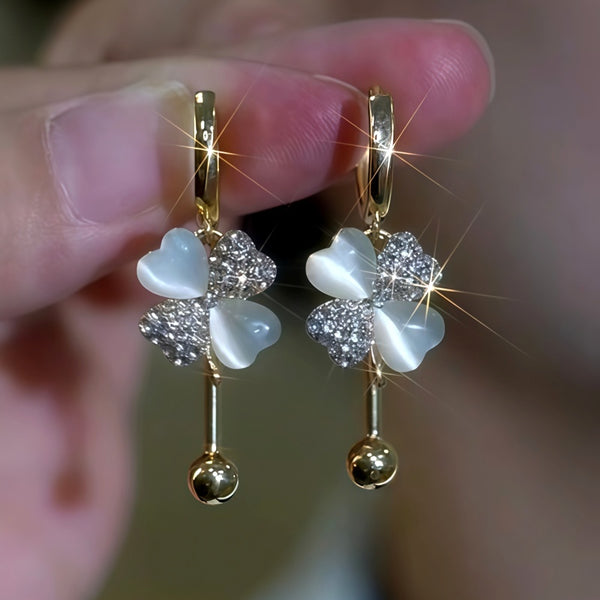 14K Gold-Plated Elegant Zircon Diamond Cat's Eye Stone Flower Earrings