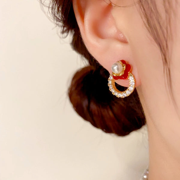 14K Gold-Plated Elegant Zircon Diamond Flower Pearl Earrings