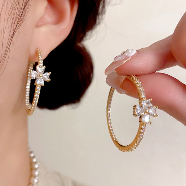 14K Gold-Plated Elegant Zircon Diamond Four-Leaf Flower Earrings