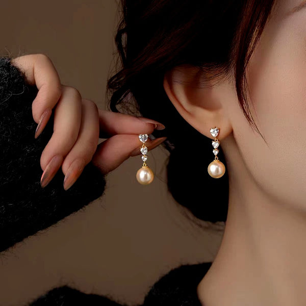 14K Gold-Plated Elegant Zircon Diamond Heart Pearl Tassel Earrings