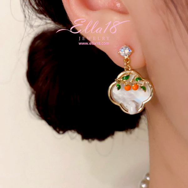 14K Gold-Plated Elegant Zircon Diamond Oil Drop Four-Leaf Persimmon Earrings