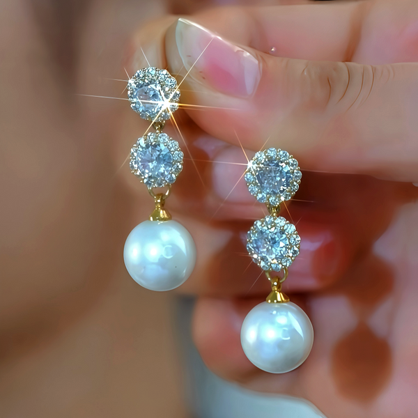 14K Gold-Plated Elegant Zircon Diamond Pearl Earrings