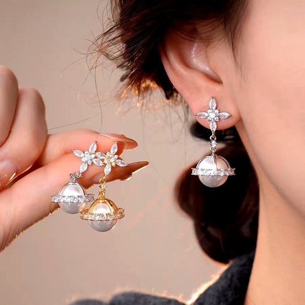 14K Gold-Plated Elegant Zircon Diamond Pearl Flower Planet Earrings