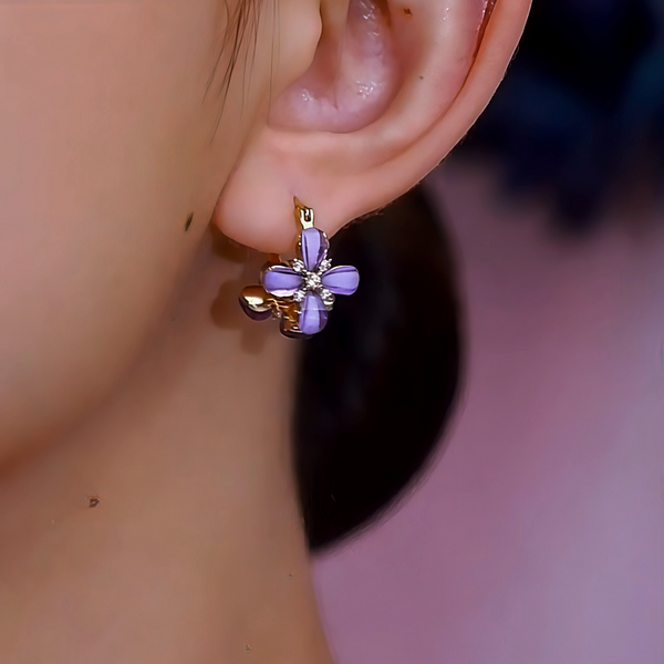 14K Gold-Plated Elegant Zircon Diamond Purple Flower Earrings