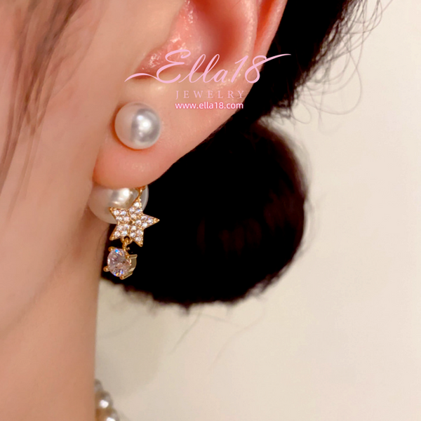 14K Gold-Plated Elegant Zircon Diamond Star Pearl Jacket Earrings