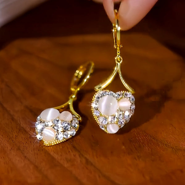 14K Gold-Plated Elegant Zircon Diamond White Cat's Eye Stone Heart Earrings