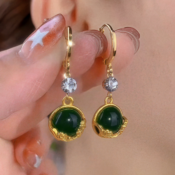 14K Gold-Plated Elegant Zircon Diiamond Green Cat Eye Stone Earrings