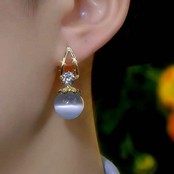 14K Gold-Plated Elegant Zircon Diiamond White Cat's Eye Stone Earrings