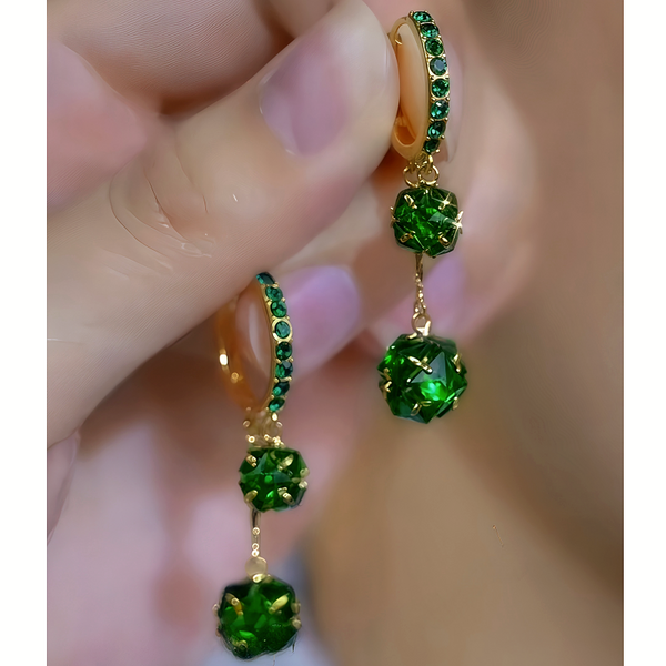 14K Gold-Plated Elegant Zircon Double-Layer Green Diamond Ball Earrings