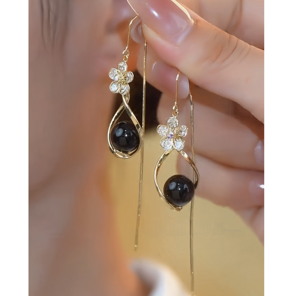 14K Gold-Plated Elegant Zircon Flower Black Bead Threader Earrings