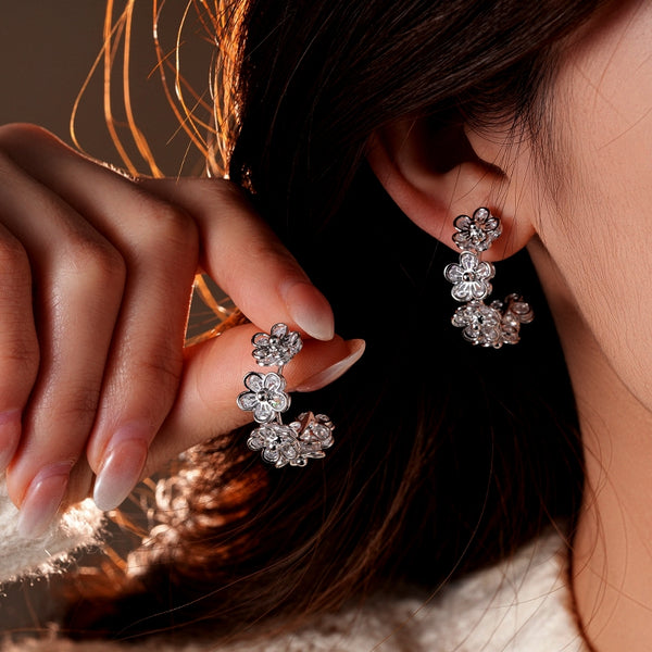 14K Gold-Plated Elegant Zircon Flower C-Shaped Earrings