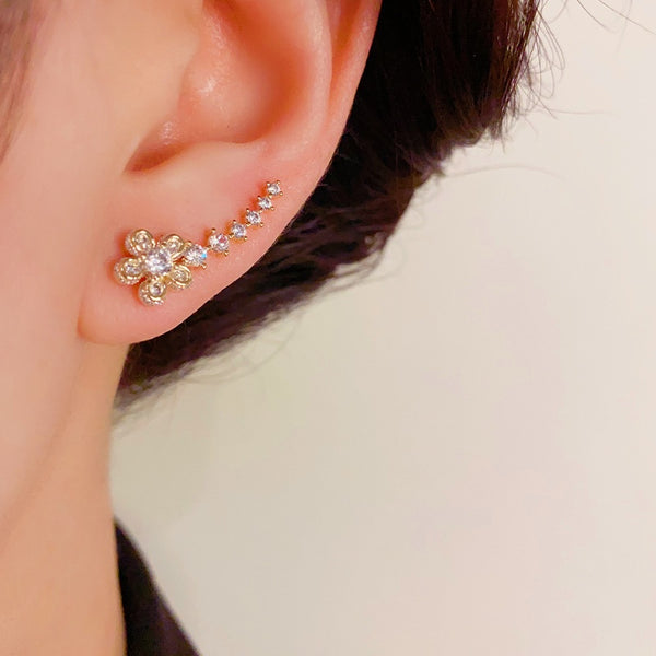 14K Gold-Plated Elegant Zircon Flower Crawler Earrings