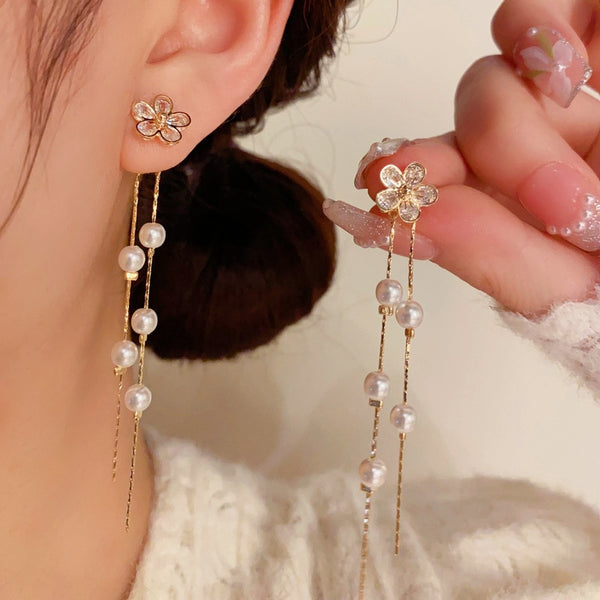 14K Gold-Plated Elegant Zircon Flower Pearl Earrings