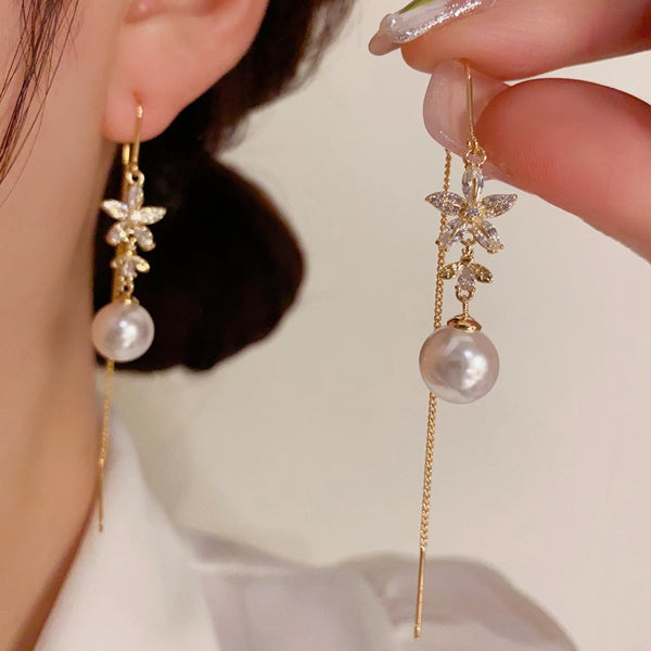 14K Gold-Plated Elegant Zircon Flower Pearl Threader Earrings