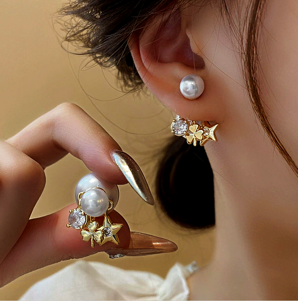 14K Gold-Plated Elegant Zircon Flower Star Pearl Earrings