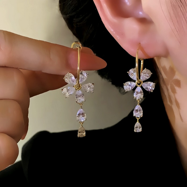 14K Gold-Plated Elegant Zircon Flower Tassel Earrings