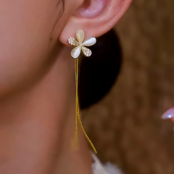 14K Gold-Plated Elegant Zircon Flower Tassel Earrings