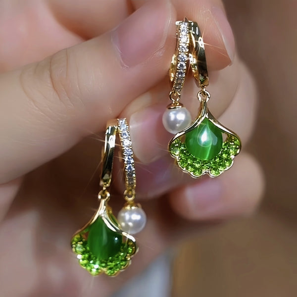 14K Gold-Plated Elegant Zircon Gingko Leaf Bead Earrings