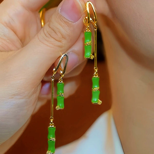 14K Gold-Plated Elegant Zircon Green Bamboo Earrings