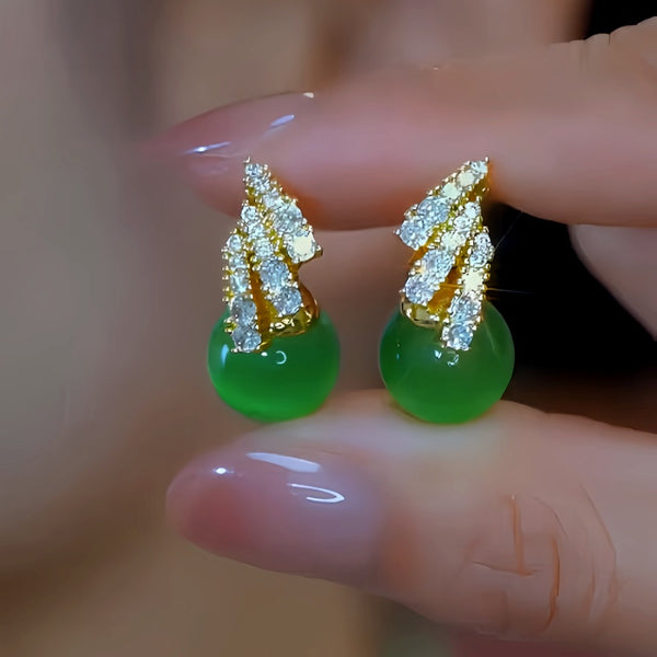 14K Gold-Plated Elegant Zircon Green Bead Earrings