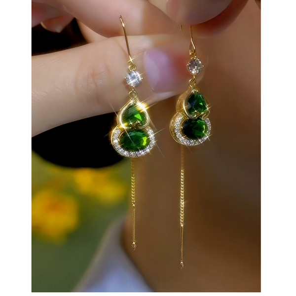 14K Gold-Plated Elegant Zircon Green Crystal Gourd Threader Earrings