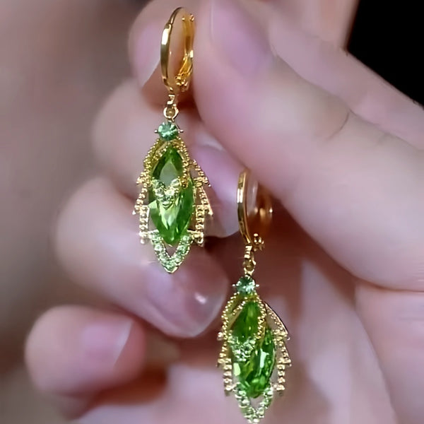 14K Gold-Plated Elegant Zircon Green Crystal Leaf Earrings