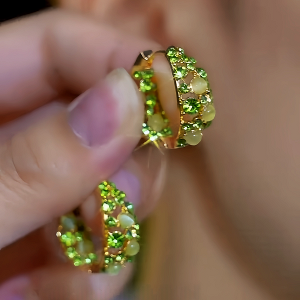 14K Gold-Plated Elegant Zircon Green Diamond Cat's Eye Stone Hoop Earrings