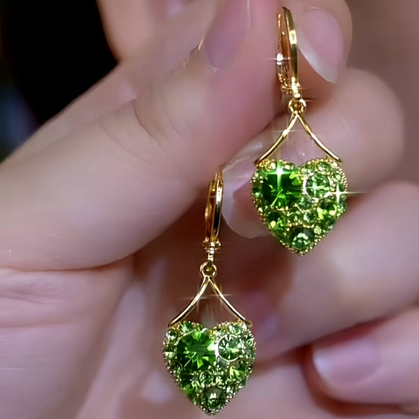 14K Gold-Plated Elegant Zircon Green Diamond Heart Earrings