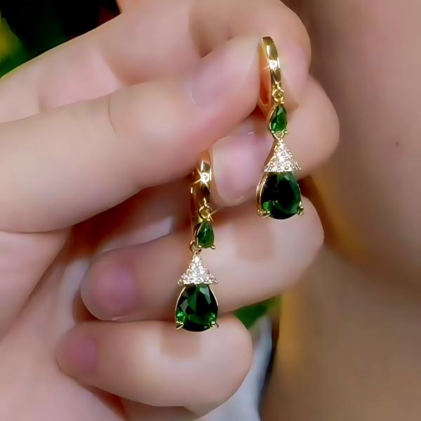 14K Gold-Plated Elegant Zircon Green Diamond Water Drop Earrings