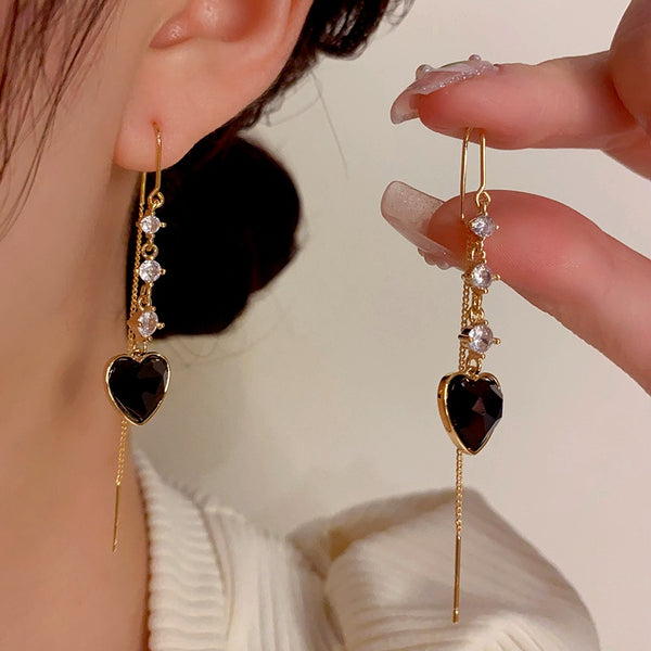 14K Gold-Plated Elegant Zircon Heart-Design Tassel Threader Earrings