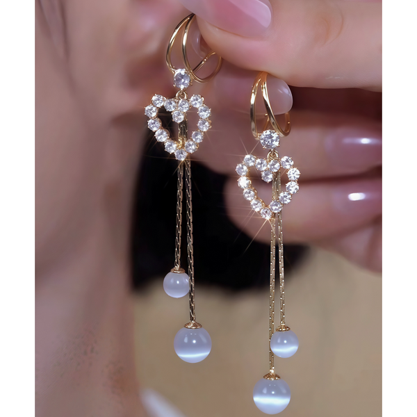 14K Gold-Plated Elegant Zircon Heart Bead Tassel Earrings