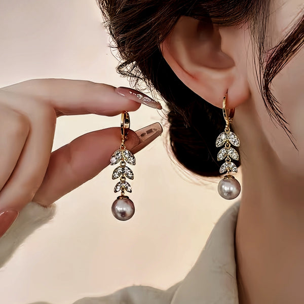 14K Gold-Plated Elegant Zircon Leaf Pearl Tassel Earrings