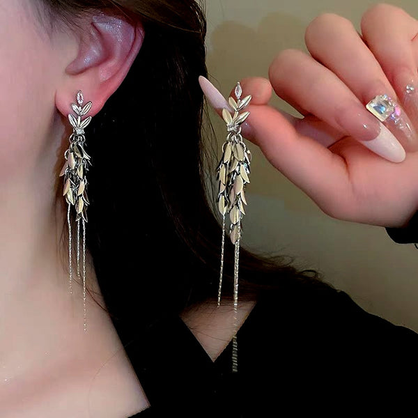 14K Gold-Plated Elegant Zircon Leaf Tassel Earrings