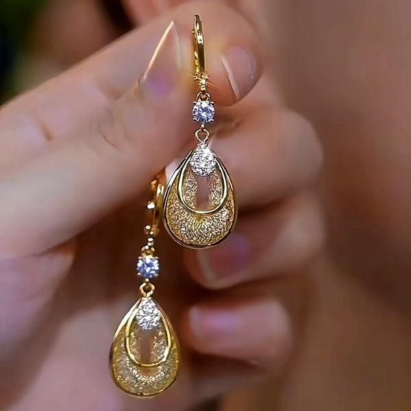 14K Gold-Plated Elegant Zircon Mesh Water Drop Earrings