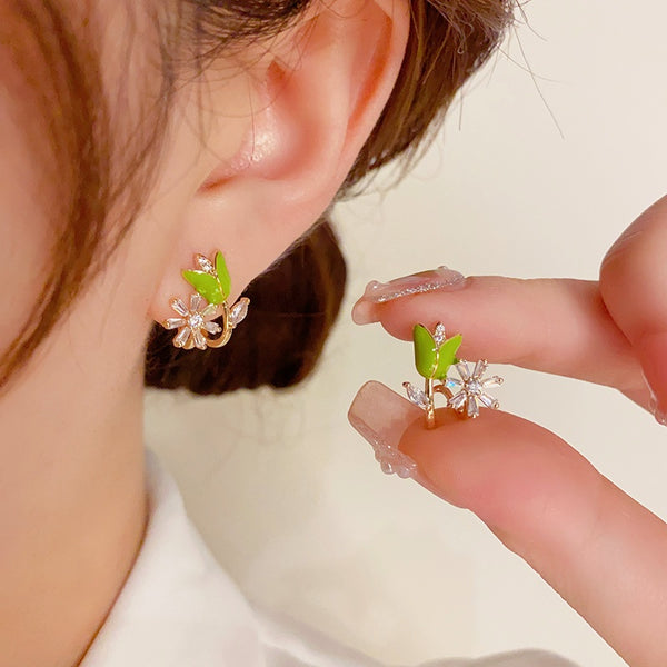 14K Gold-Plated Elegant Zircon Oil Drop Flower Stud Earrings