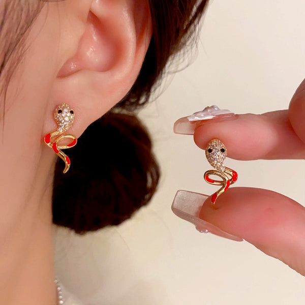 14K Gold-Plated Elegant Zircon Oil Drop Snake Earrings