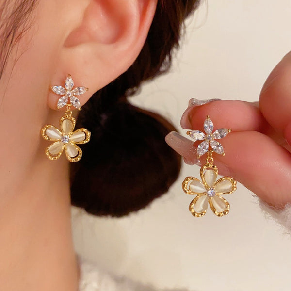 14K Gold-Plated Elegant Zircon Opal Flower Earrings