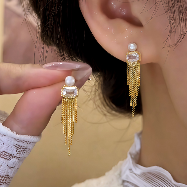 14K Gold-Plated Elegant Zircon Pearl Tassel Earrings