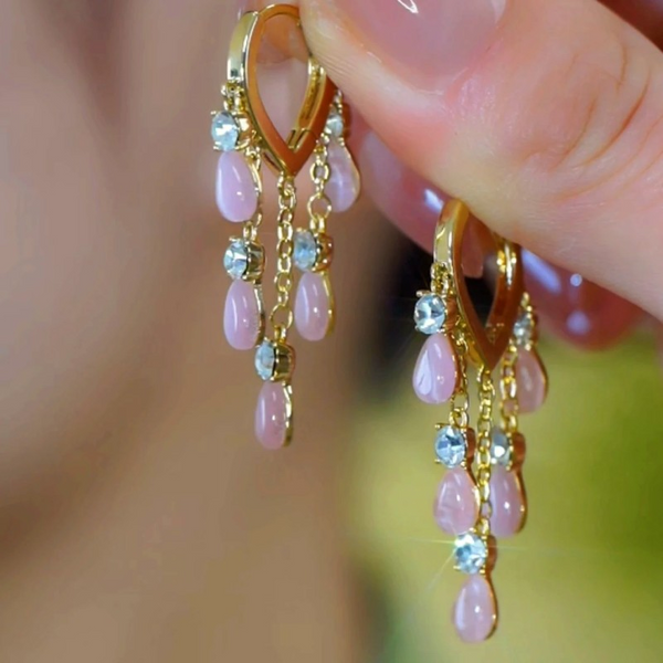 14K Gold-Plated Elegant Zircon Pink Cat's Eye Stone Tassel Earrings