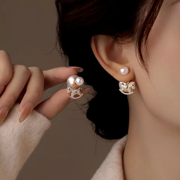 14K Gold-Plated Elegant Zircon Pony Pearl Jacket Earrings