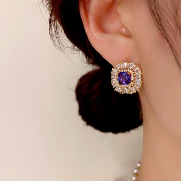 14K Gold-Plated Elegant Zircon Purple Diamond Stud Earrings