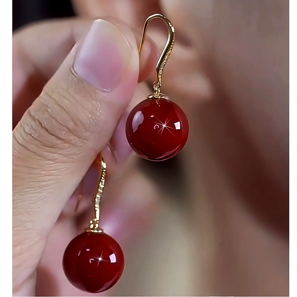 14K Gold-Plated Elegant Zircon Red Pearl Ear Hooks