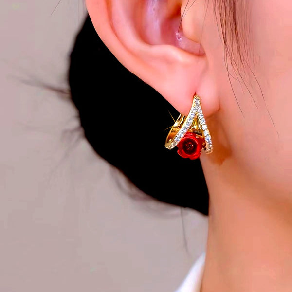 14K Gold-Plated Elegant Zircon Red Rose Earrings