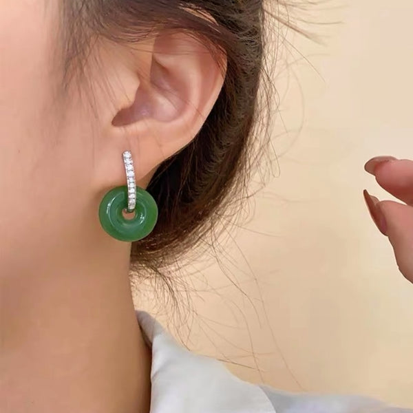 14K Gold-Plated Elegant Zircon Resin Green Jade Earrings
