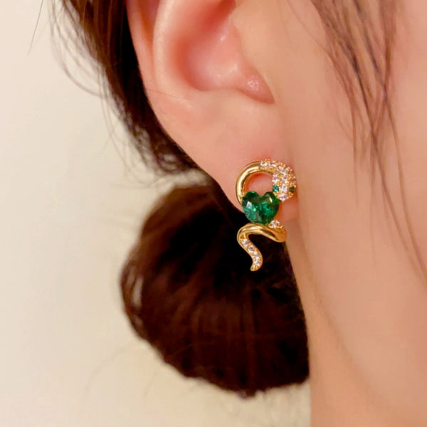 14K Gold-Plated Elegant Zircon Snake-Shaped Emerald Heart Earrings