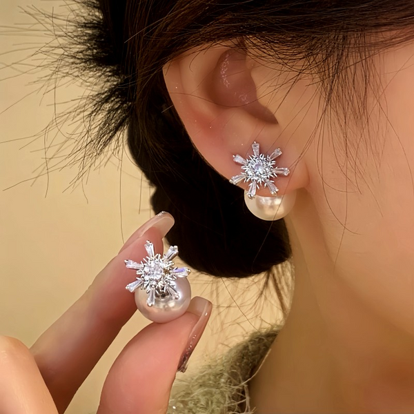 14K Gold-Plated Elegant Zircon Snowflake Pearl Earrings