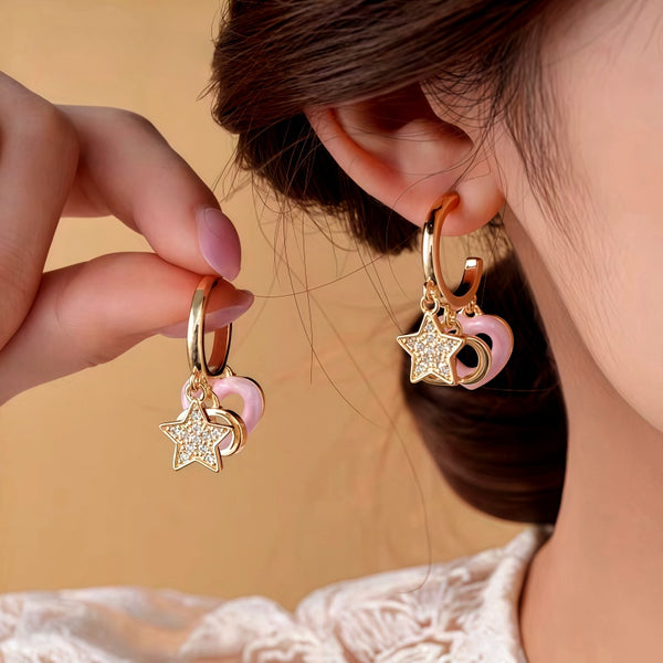 14K Gold-Plated Elegant Zircon Star Pig Nose Pink Heart Tassel Earrings