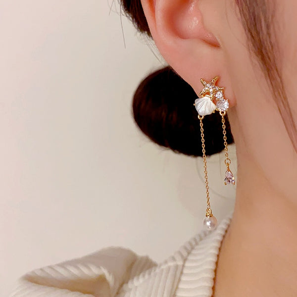 14K Gold-Plated Elegant Zircon Starfish Shell Tassel Earrings