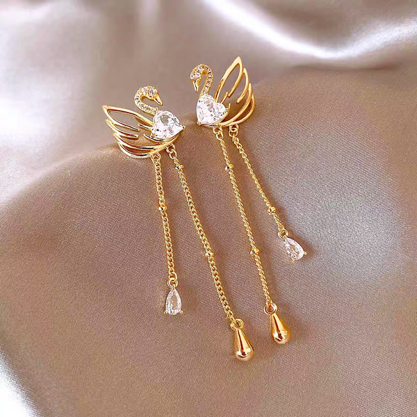 14K Gold-Plated Elegant Zircon Swan Tassel Earrings